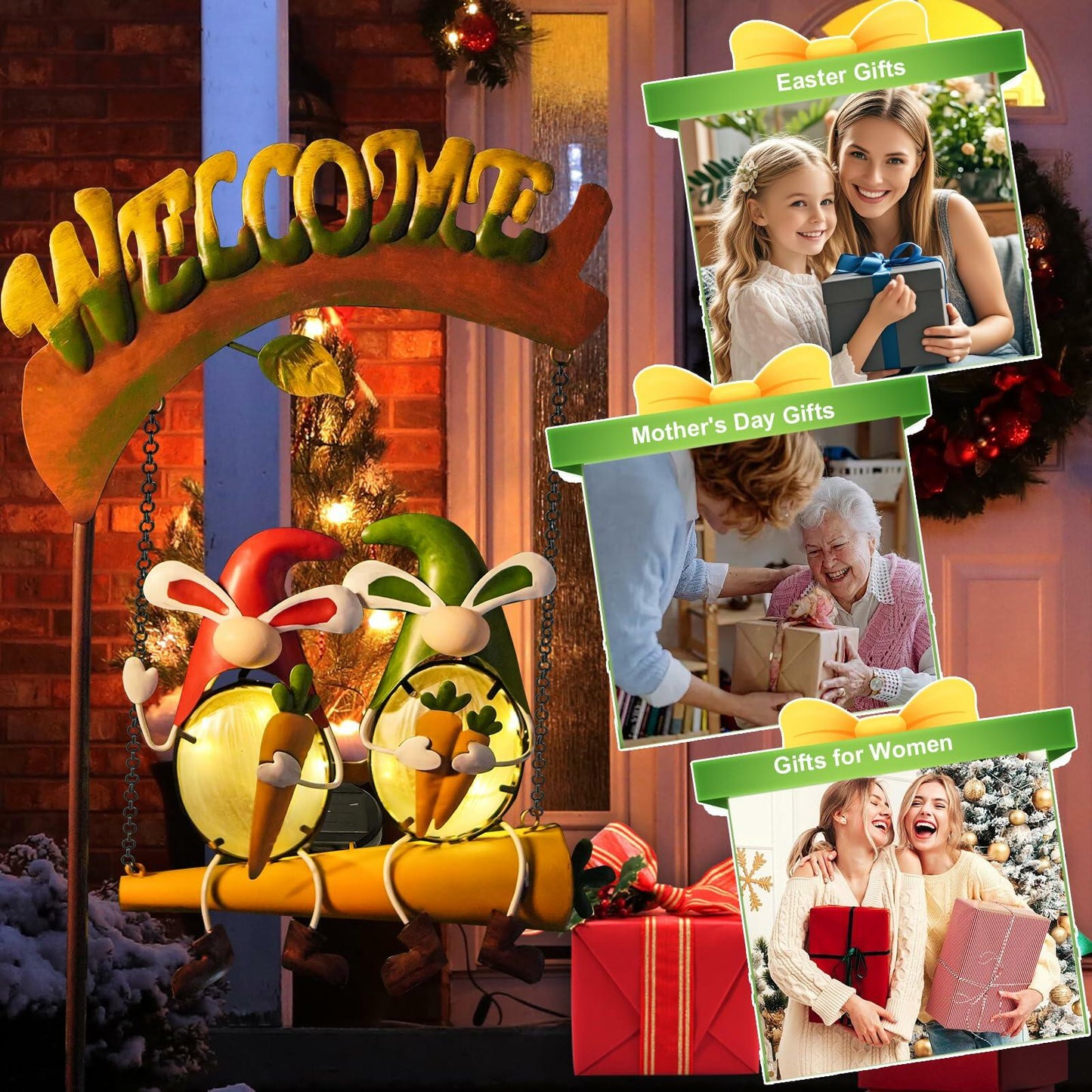 HONGLAND Solar Christmas Gnomes Outdoor Decor Orange Rabbit Welcome Sign