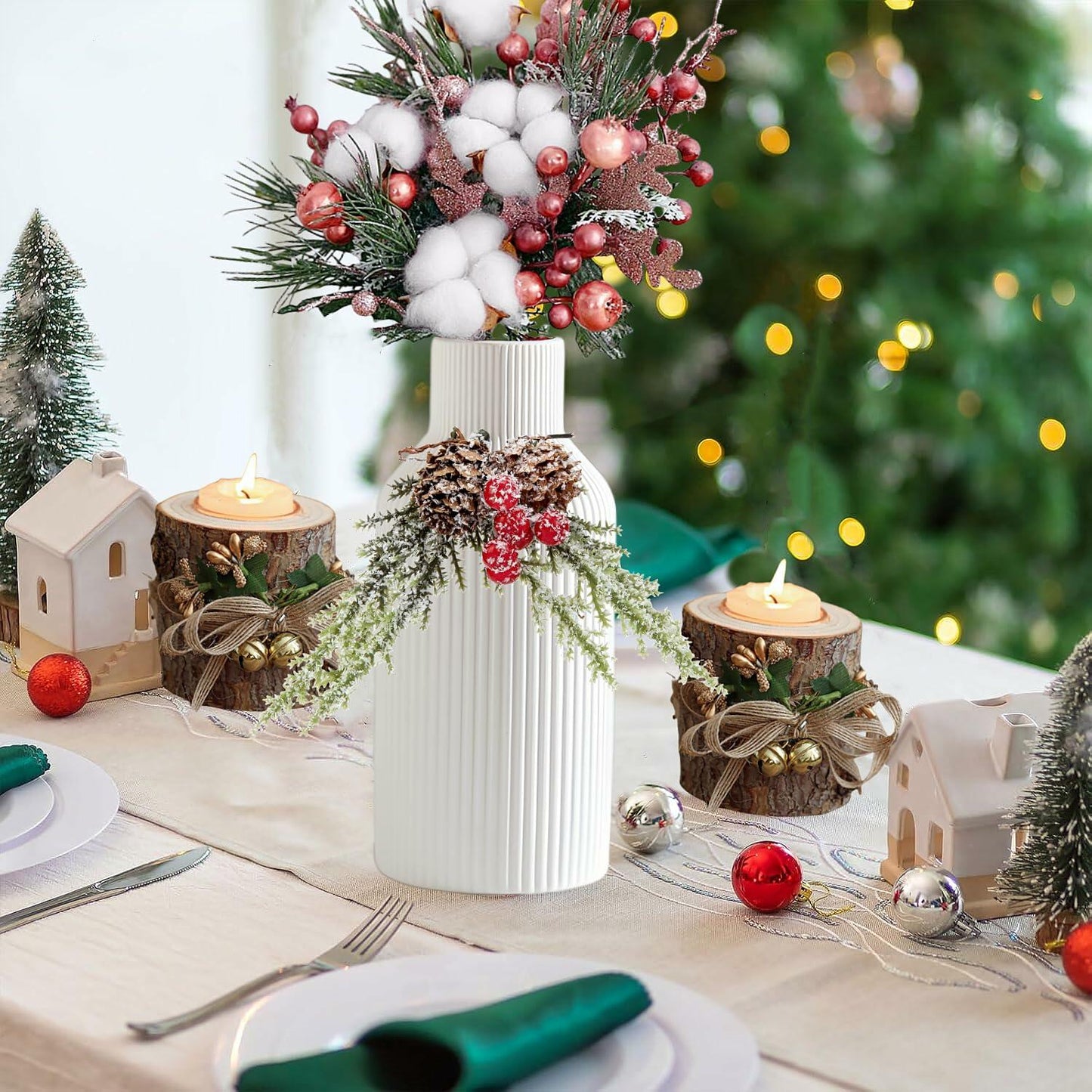 Brighomrom Christmas Ceramic Vases Set of 3 White Ribbed Pineflower Rings