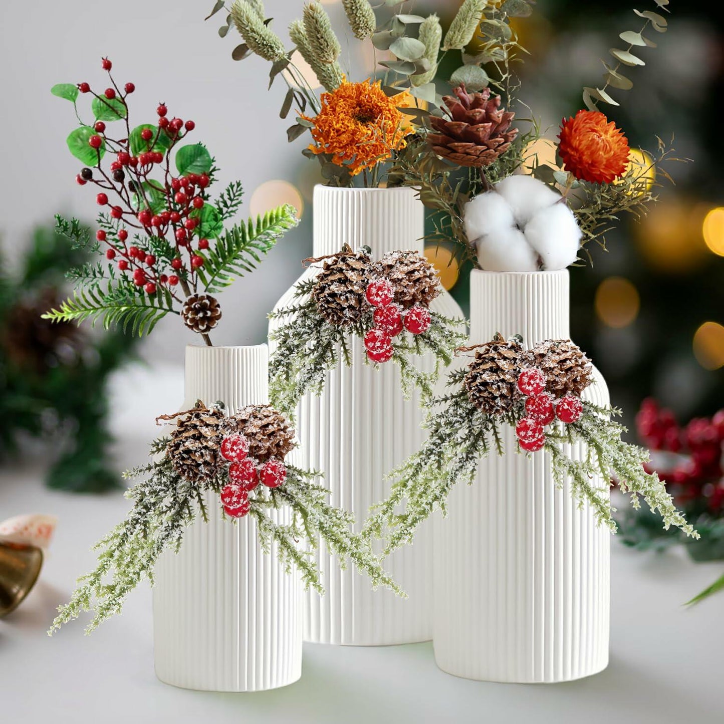 Brighomrom Christmas Ceramic Vases Set of 3 White Ribbed Pineflower Rings