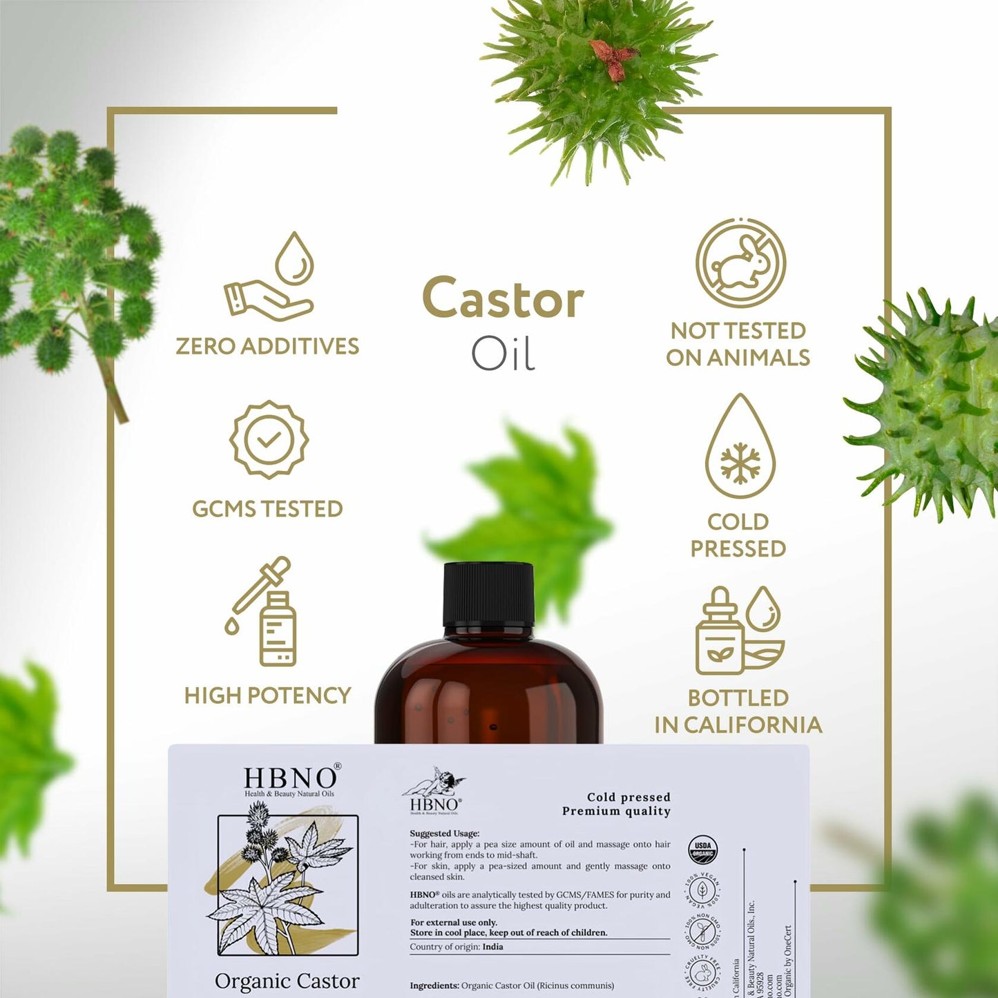 HBNO California Organic Castor Oil 16 fl oz USDA Certified Hexane Free