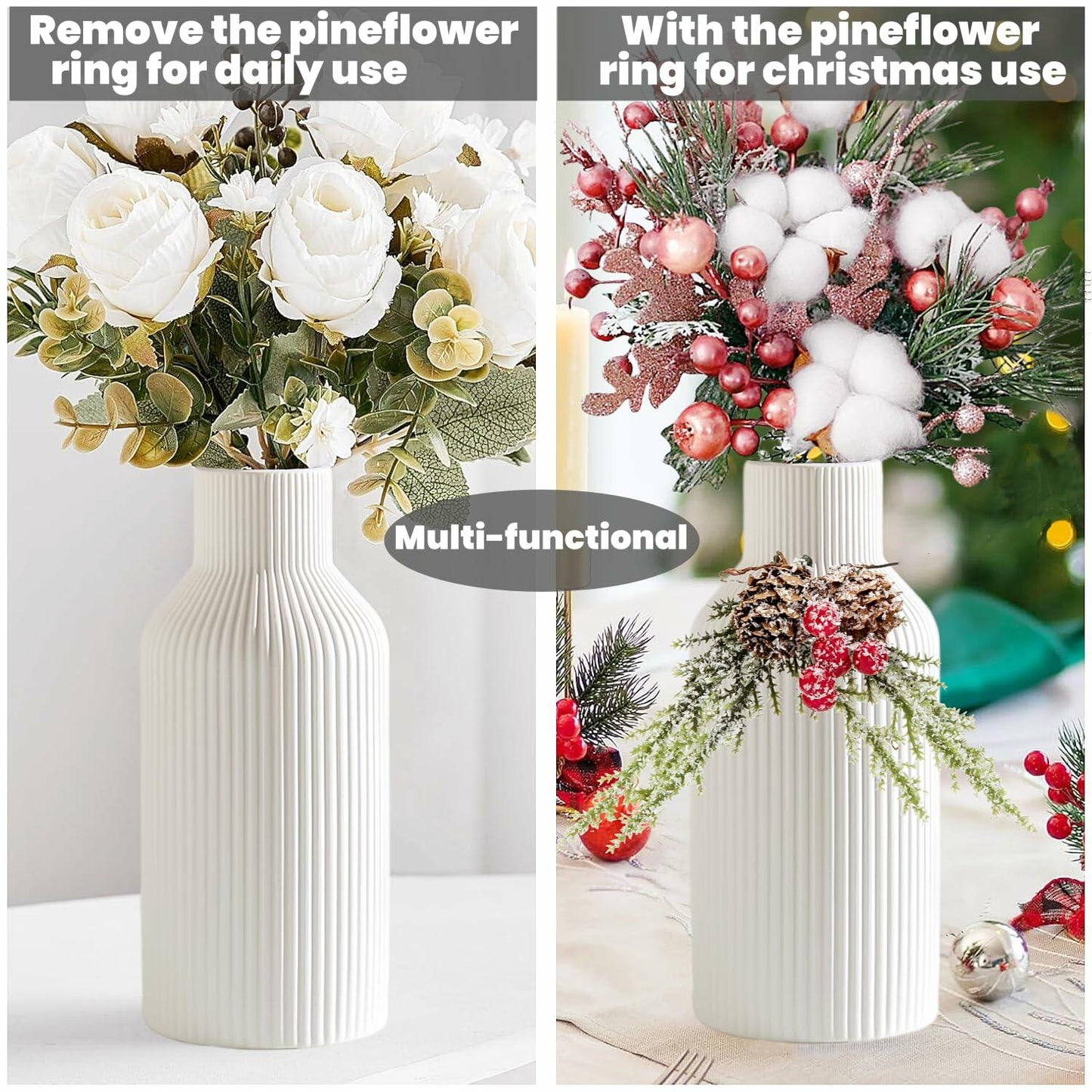 Brighomrom Christmas Ceramic Vases Set of 3 White Ribbed Pineflower Rings