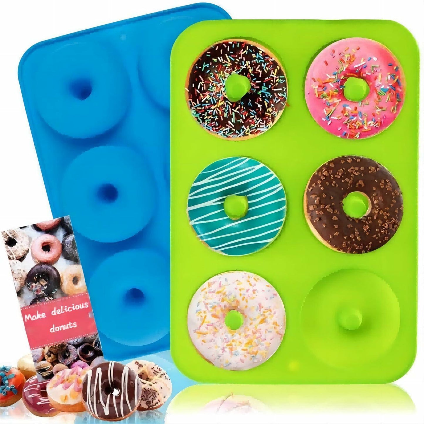 QIKOKU 2 Pack Silicone 6-Cavity Donut Pan Mold Nonstick Blue Green