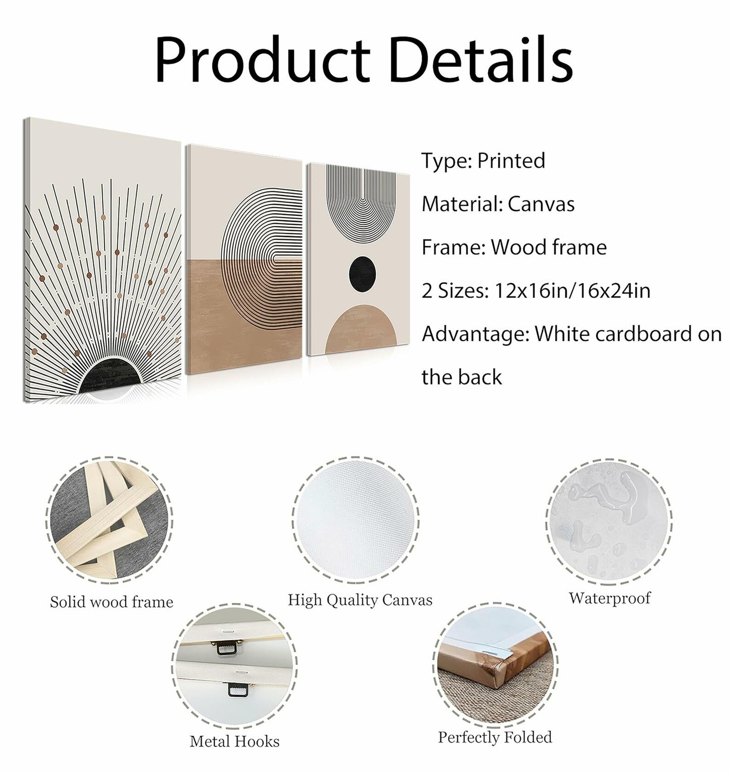 MANPPOP Mid Century Modern Canvas Wall Art Set 3 Black Beige 12x16 Inch