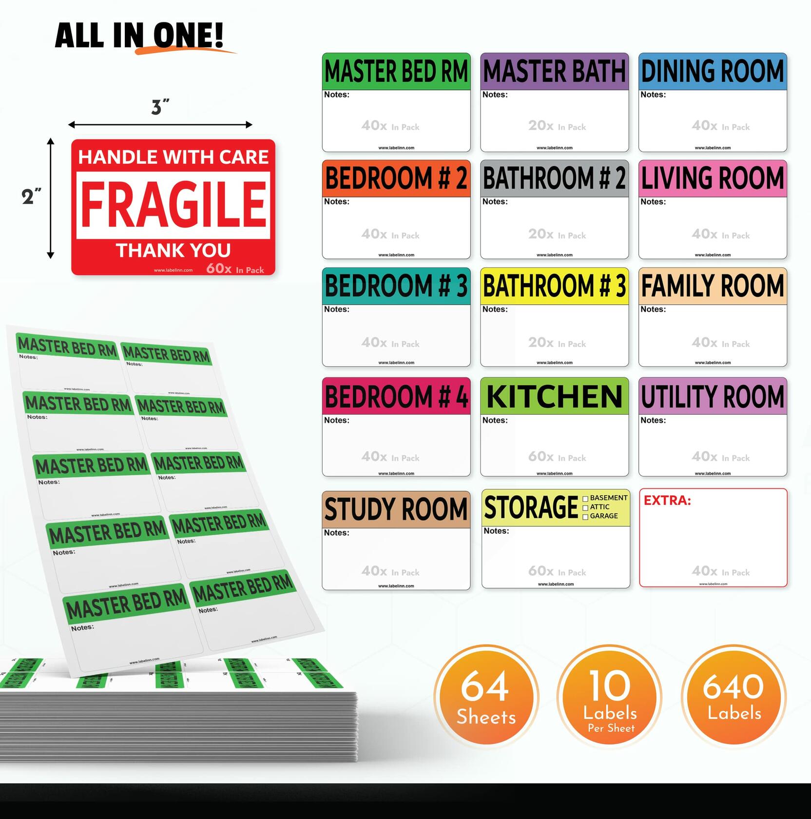 640 Pcs Moving Labels 2x3 Color Coded Fragile & Blank Packing Stickers