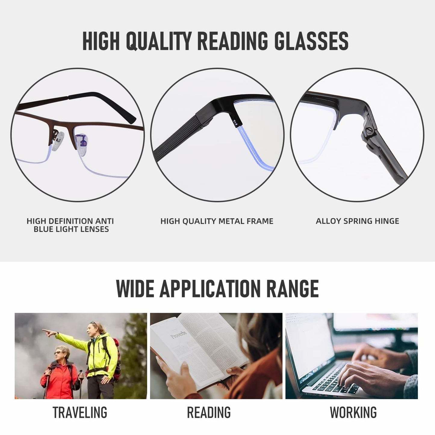 Anourney 3-Pack Men’s Reading Glasses Half Frame Blue Light +3.0 Gray/Black