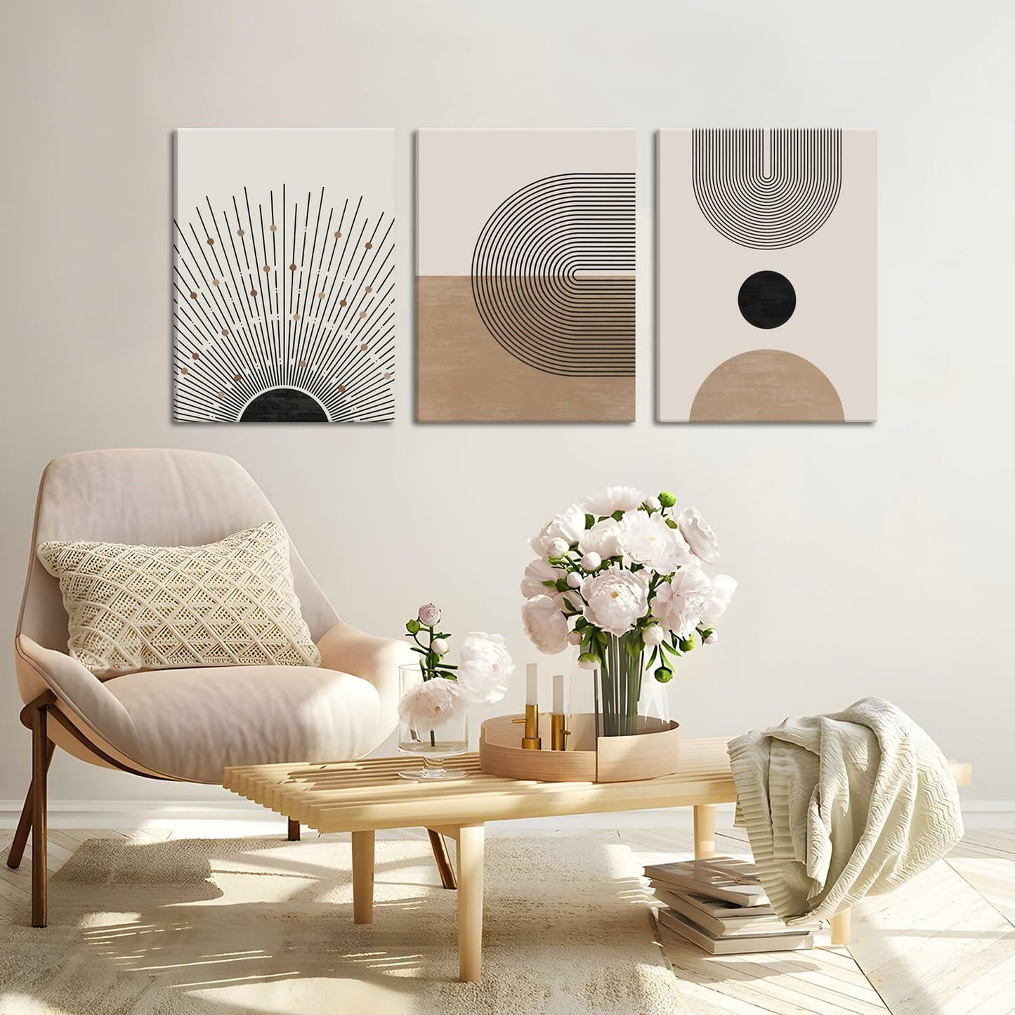 MANPPOP Mid Century Modern Canvas Wall Art Set 3 Black Beige 12x16 Inch