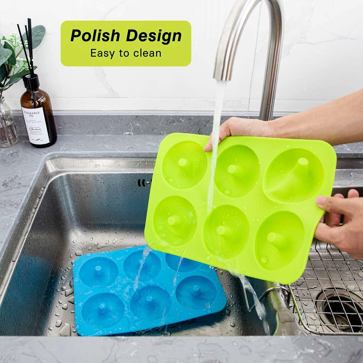 QIKOKU 2 Pack Silicone 6-Cavity Donut Pan Mold Nonstick Blue Green