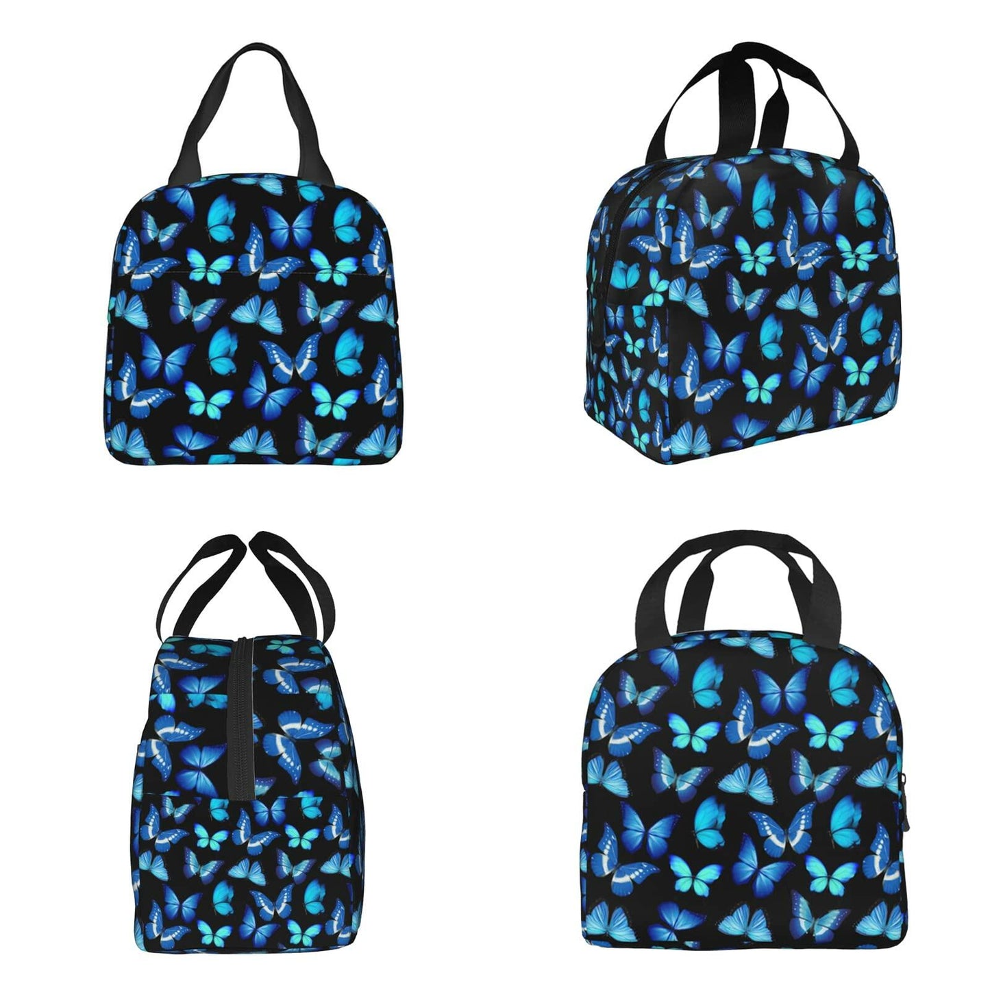 COWDIY Insulated Lunch Bag Black Blue Butterfly Print Waterproof Tote 5.3L