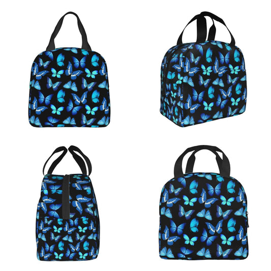 COWDIY Insulated Lunch Bag Black Blue Butterfly Print Waterproof Tote 5.3L