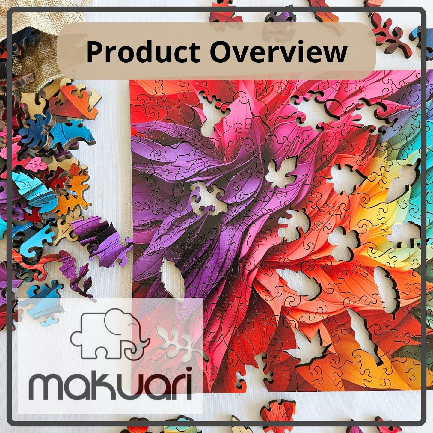 MAKUARI Wooden Puzzle 200 Pieces Rainbow Feathers Colorful Jigsaw Game