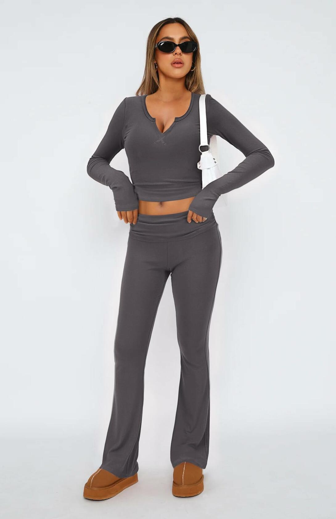 [Like New] FAIRY SEASON Women’s 2pc Lounge Set V-Neck Top Flare Pants Deep Gray S