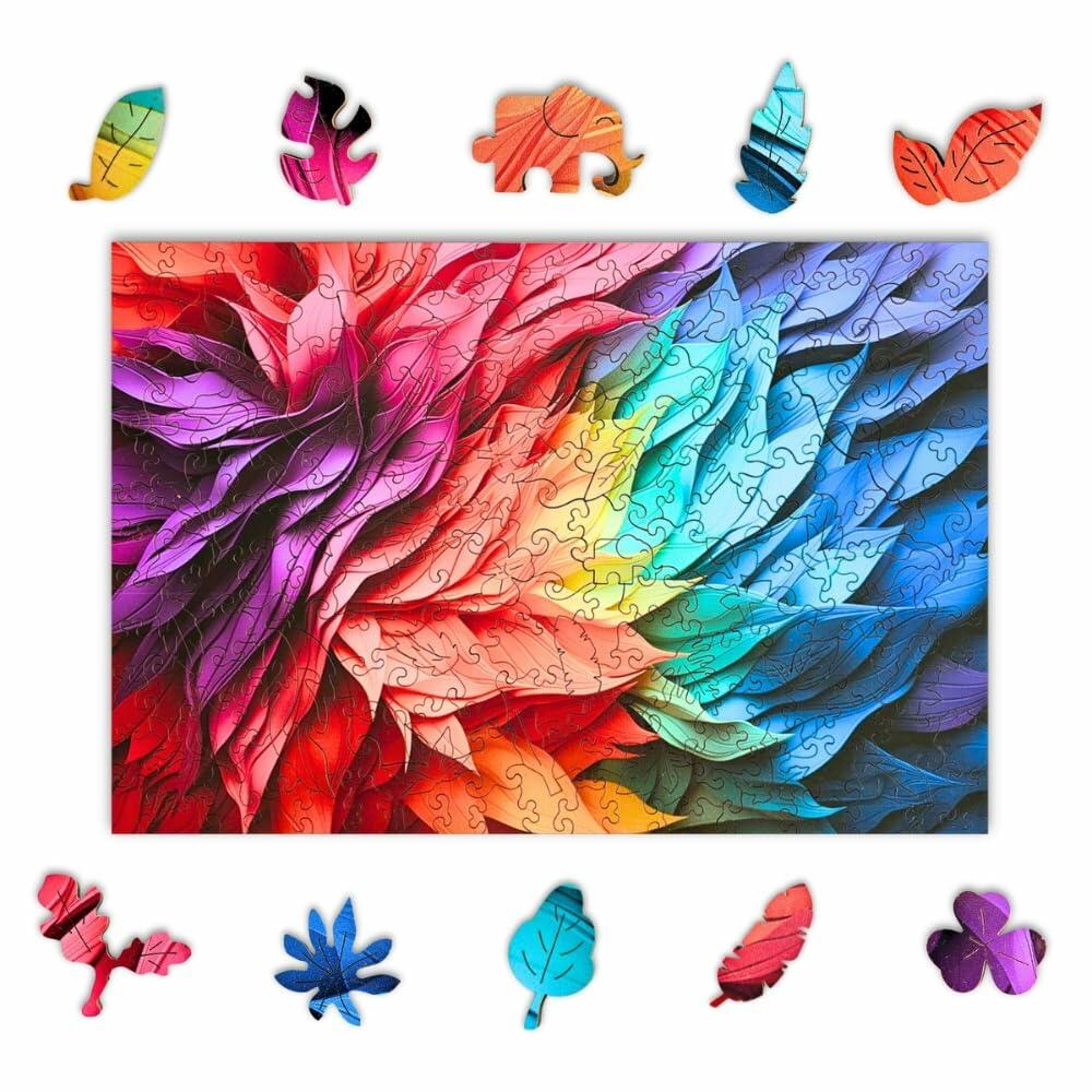 MAKUARI Wooden Puzzle 200 Pieces Rainbow Feathers Colorful Jigsaw Game