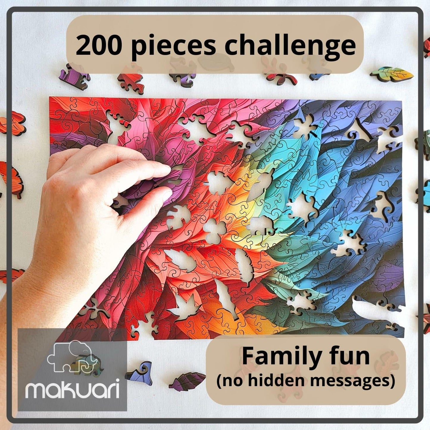 MAKUARI Wooden Puzzle 200 Pieces Rainbow Feathers Colorful Jigsaw Game