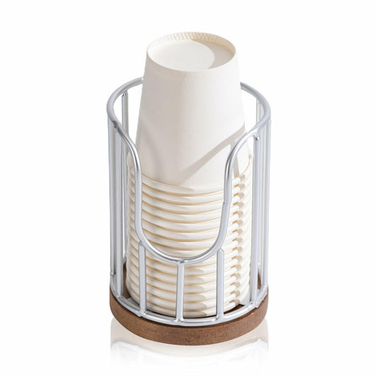 QTTCMY Bathroom Cup Dispenser with Acacia Wood Stand Silvery 1 Pack