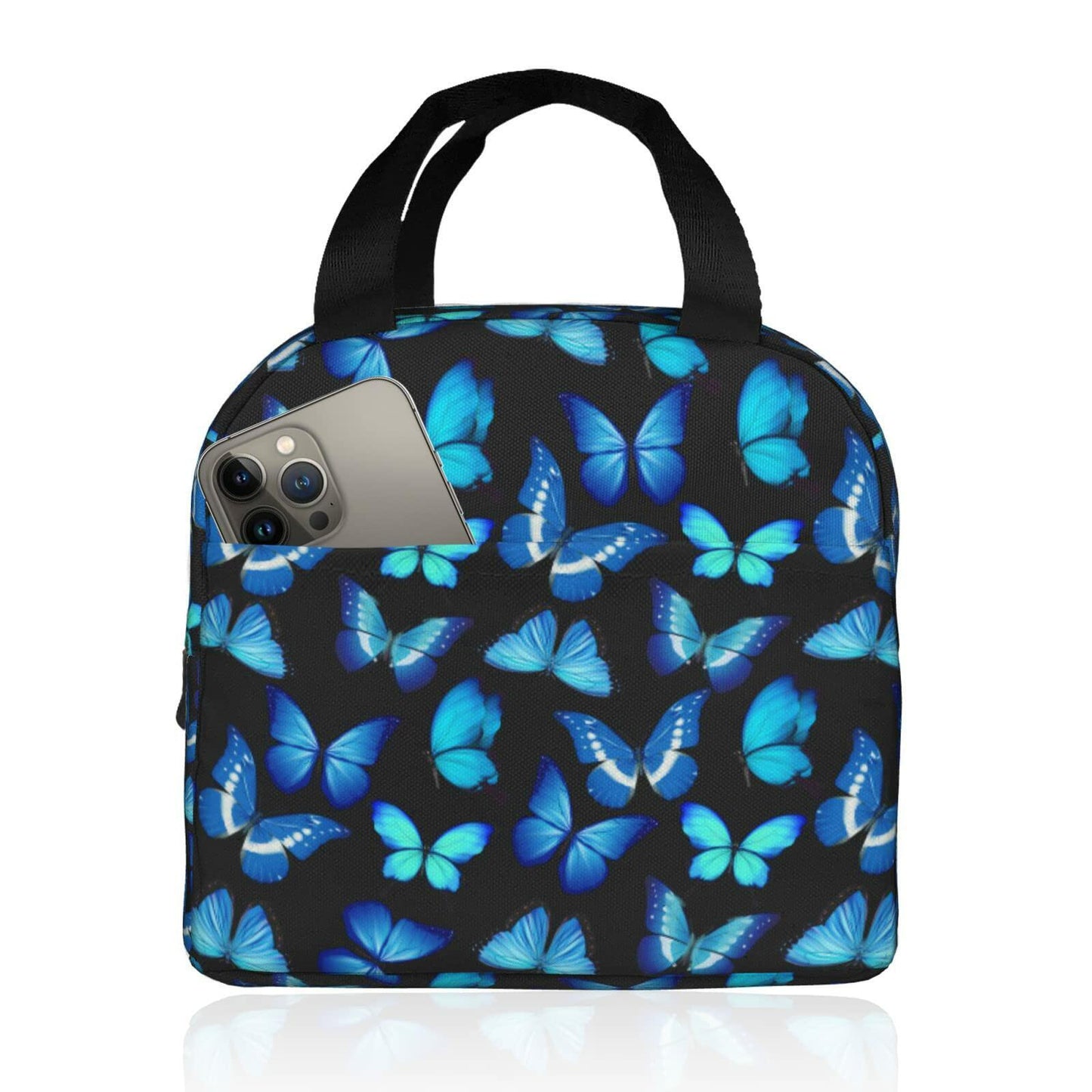 COWDIY Insulated Lunch Bag Black Blue Butterfly Print Waterproof Tote 5.3L