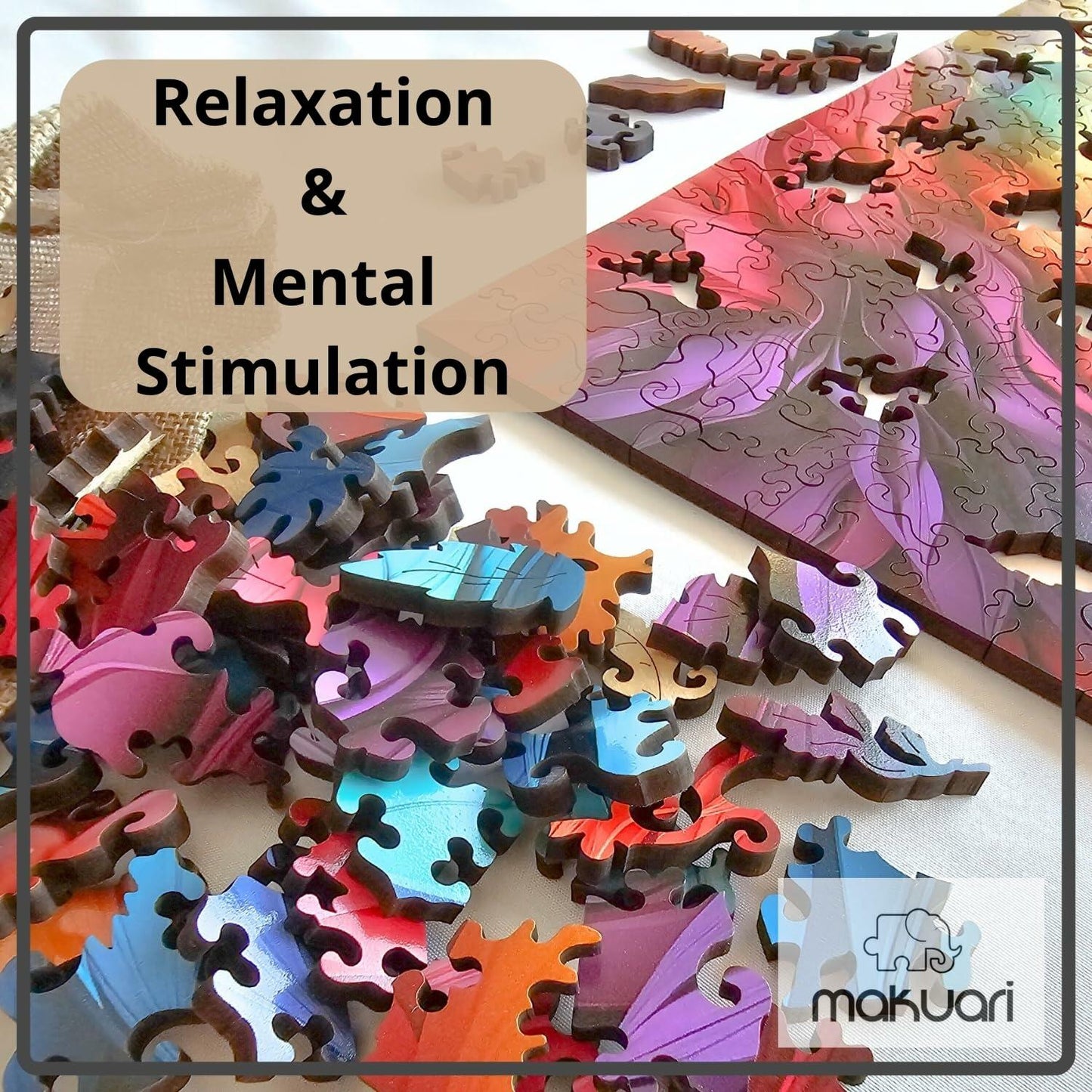 MAKUARI Wooden Puzzle 200 Pieces Rainbow Feathers Colorful Jigsaw Game