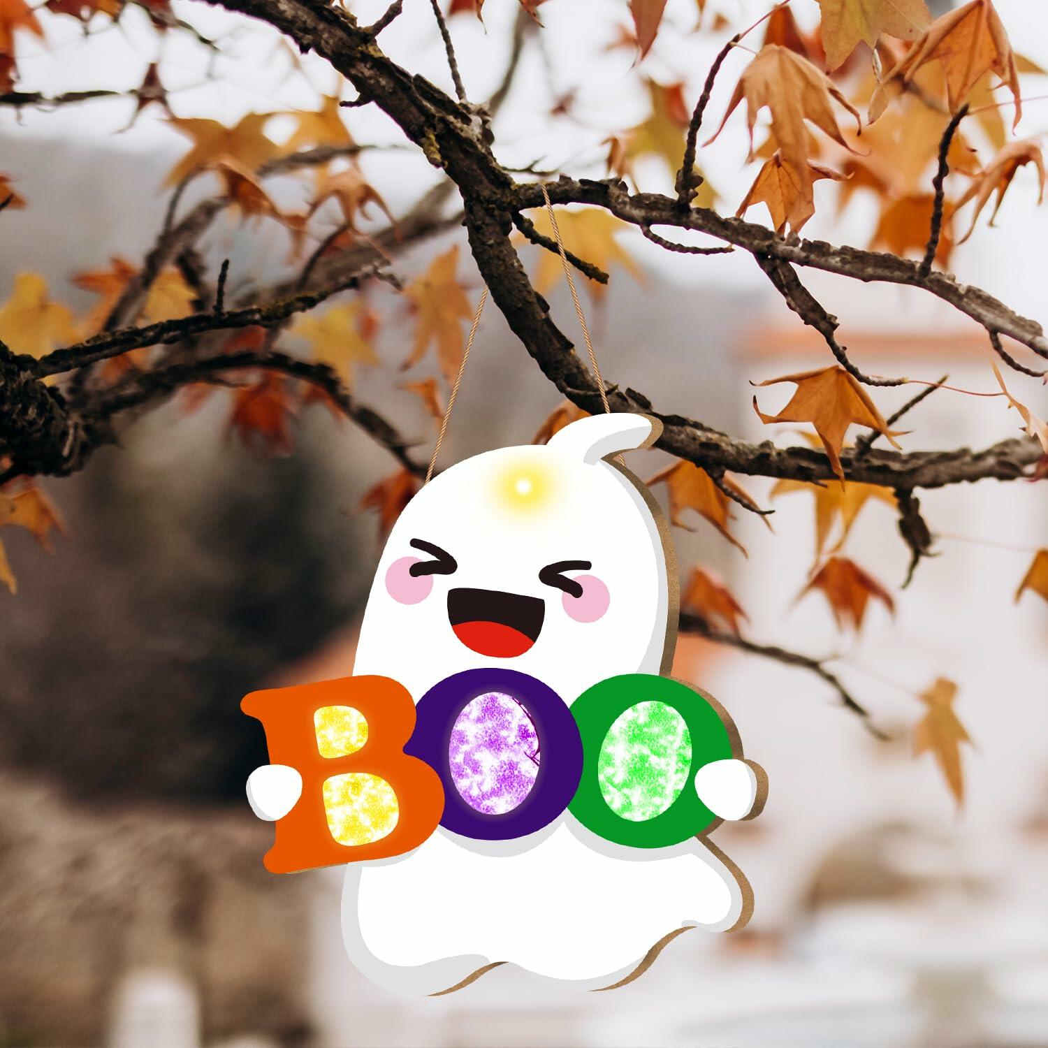 tineit BOO Halloween Ghost Door Decor Lighted Hanging Sign 12x13 White