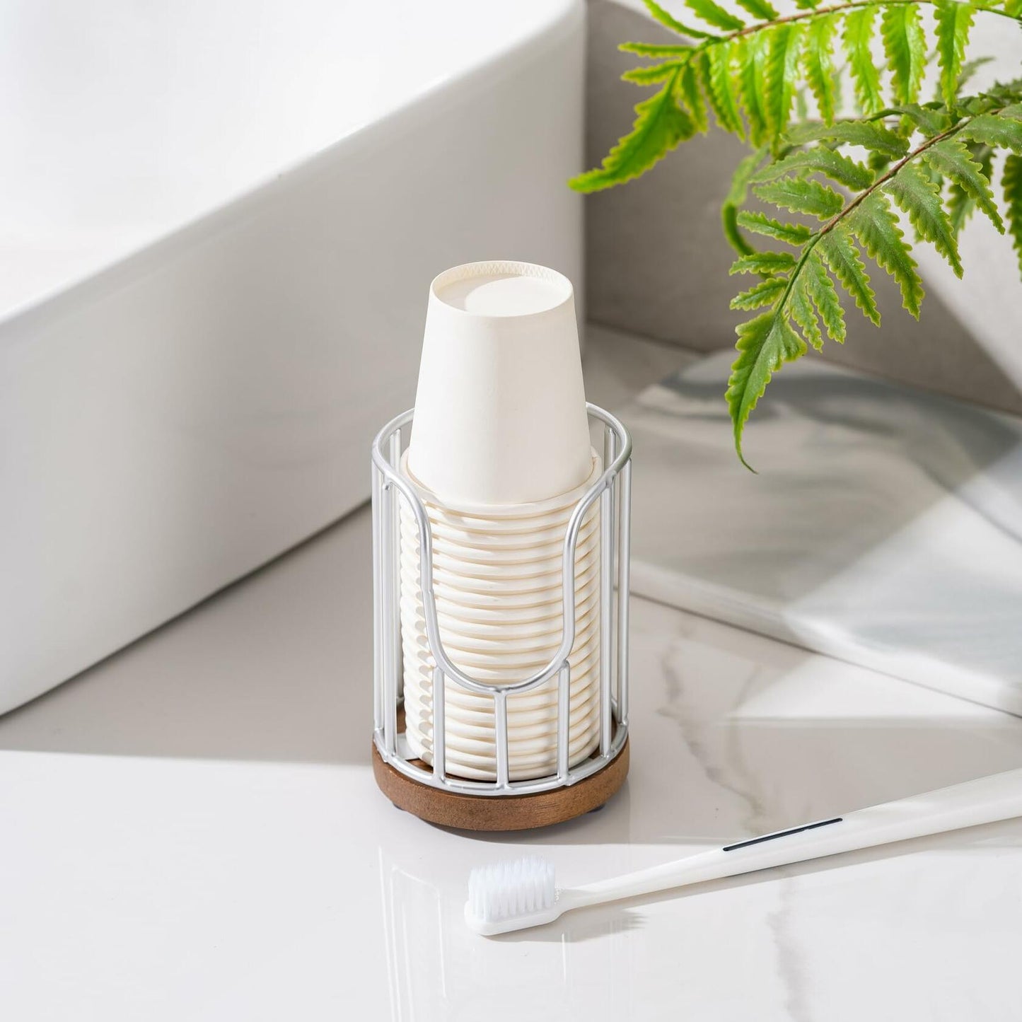 QTTCMY Bathroom Cup Dispenser with Acacia Wood Stand Silvery 1 Pack