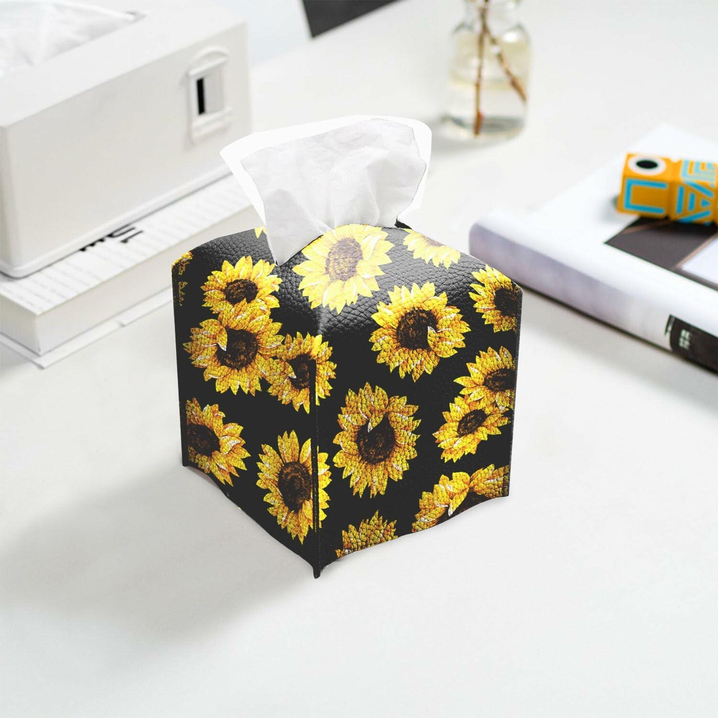 TESIQIMT PU Leather Sunflower Tissue Box Cover 5x5x5in