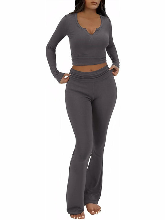 [Like New] FAIRY SEASON Women’s 2pc Lounge Set V-Neck Top Flare Pants Deep Gray S