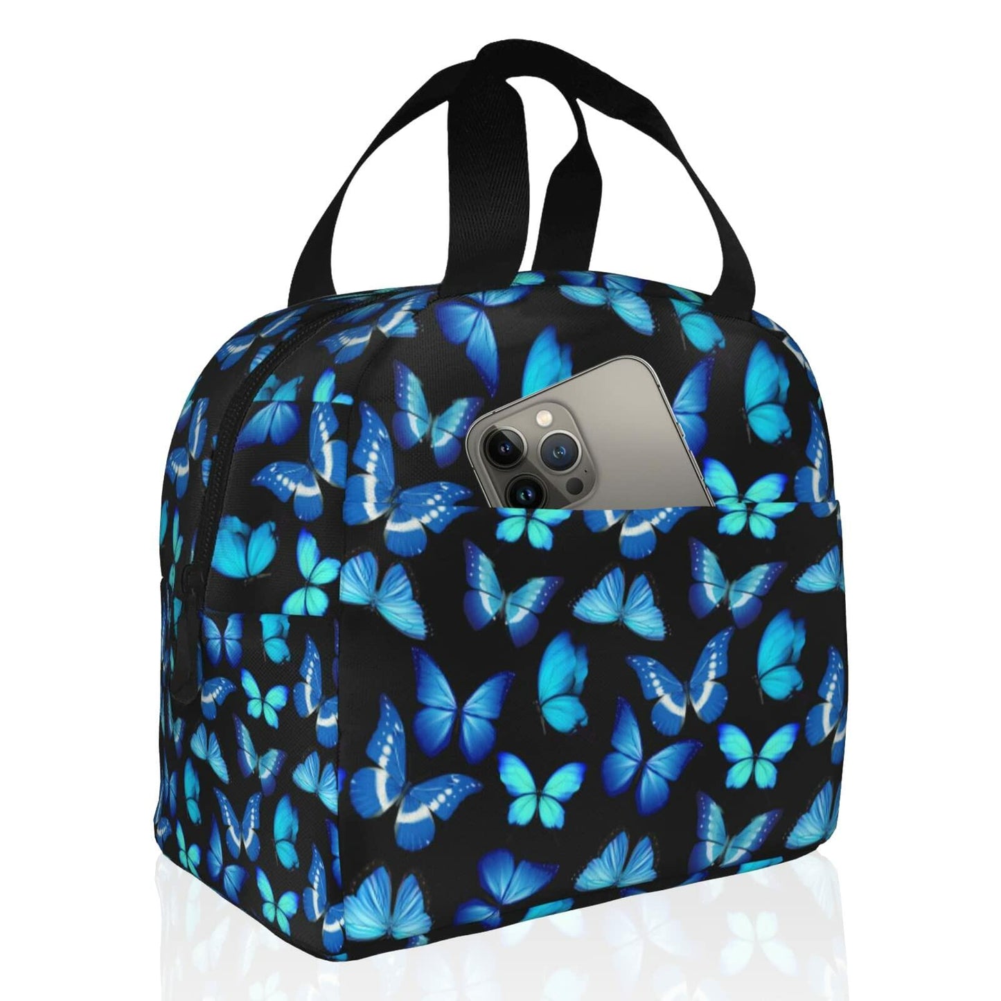 COWDIY Insulated Lunch Bag Black Blue Butterfly Print Waterproof Tote 5.3L