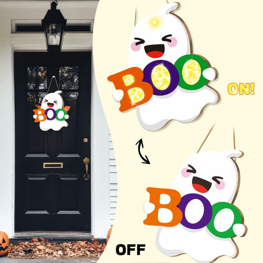 tineit BOO Halloween Ghost Door Decor Lighted Hanging Sign 12x13 White