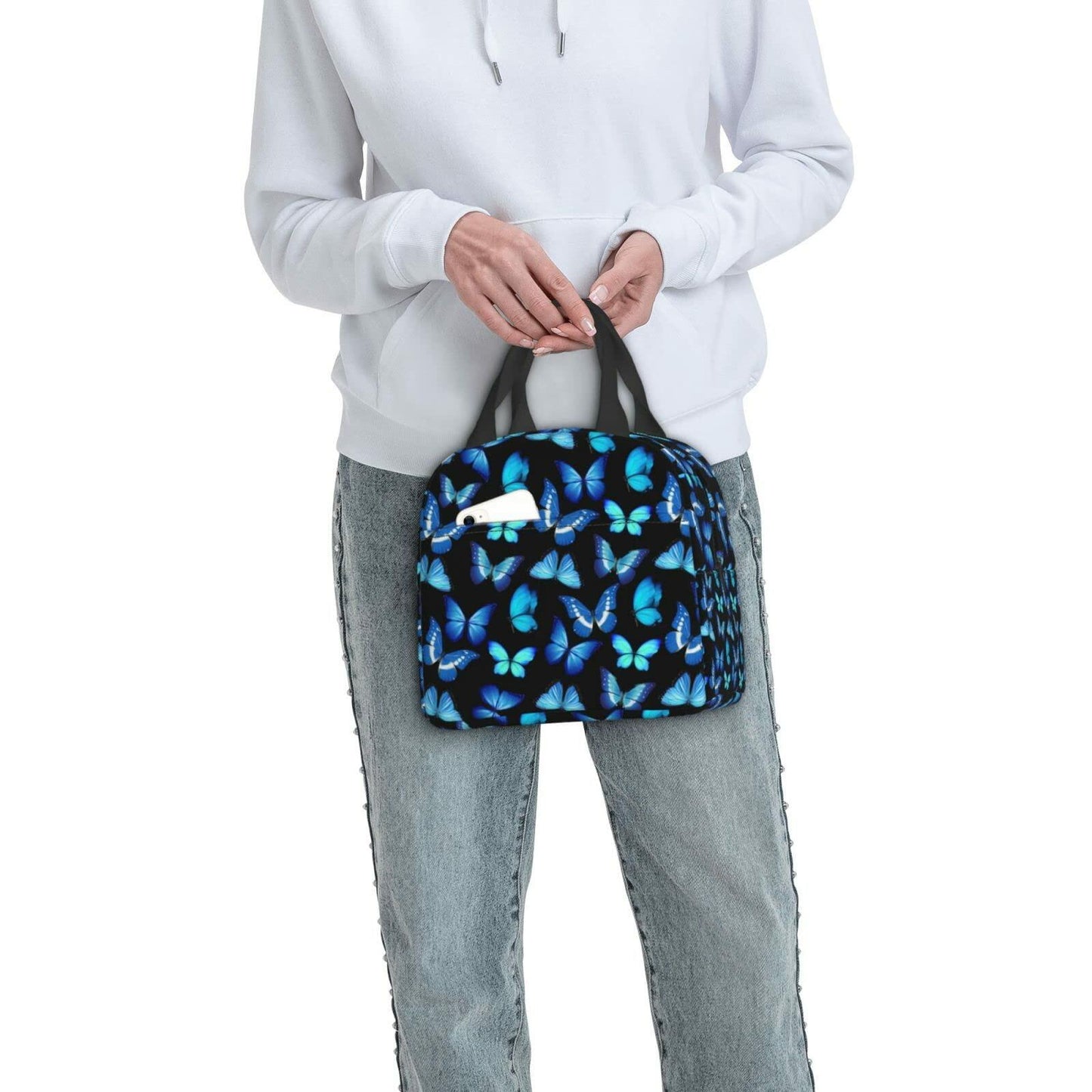 COWDIY Insulated Lunch Bag Black Blue Butterfly Print Waterproof Tote 5.3L