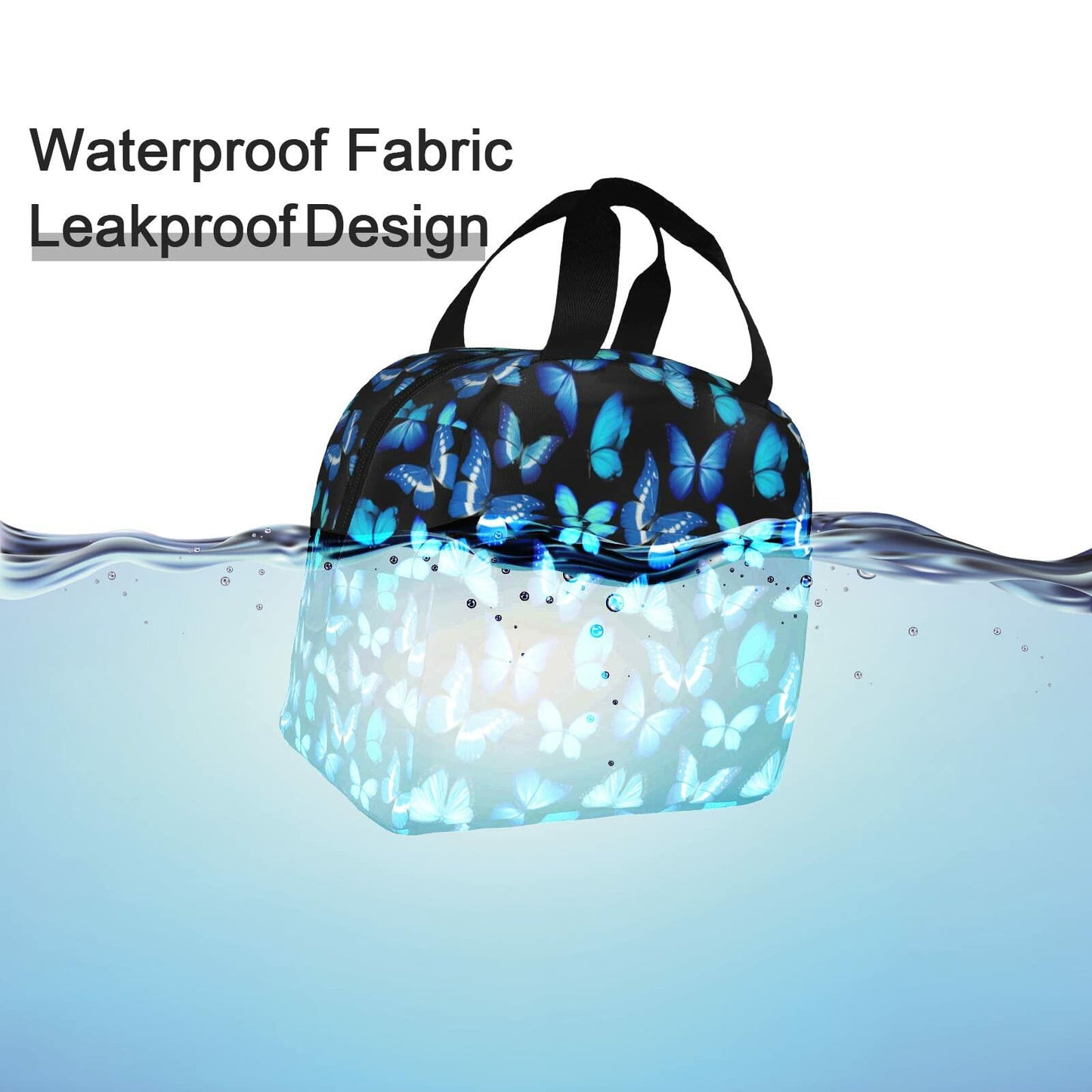 COWDIY Insulated Lunch Bag Black Blue Butterfly Print Waterproof Tote 5.3L