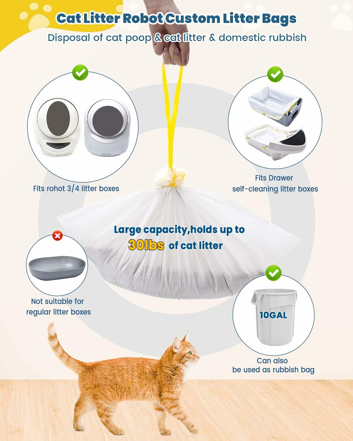 KONE Cat Litter Bags Robot 3/4 Drawstring 2 mil Thick 57 Count 5-9 Gal