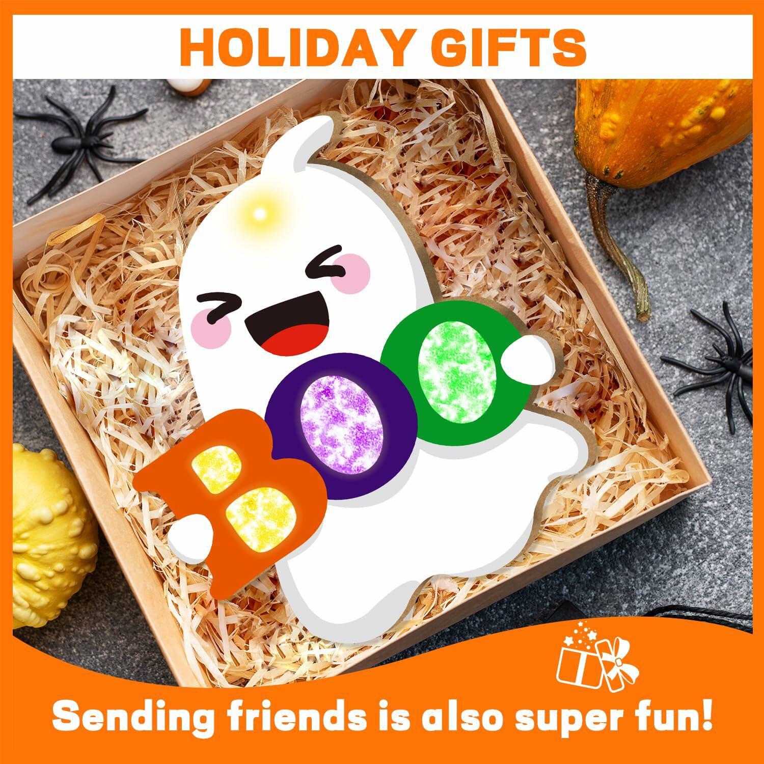 tineit BOO Halloween Ghost Door Decor Lighted Hanging Sign 12x13 White