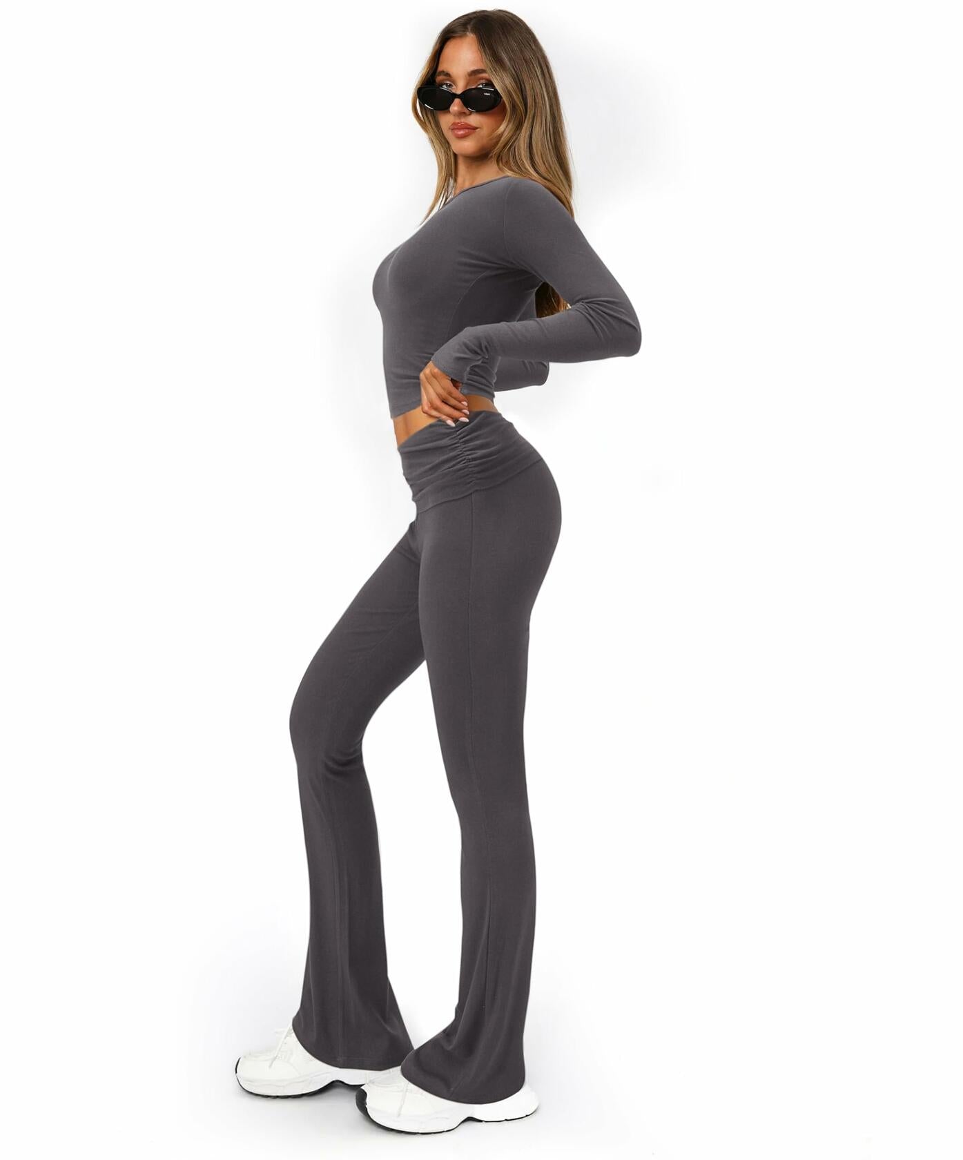 [Like New] FAIRY SEASON Women’s 2pc Lounge Set V-Neck Top Flare Pants Deep Gray S