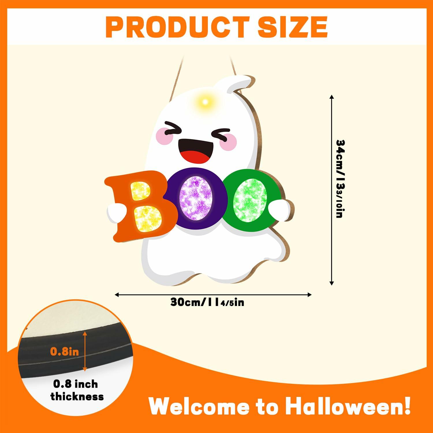 tineit BOO Halloween Ghost Door Decor Lighted Hanging Sign 12x13 White