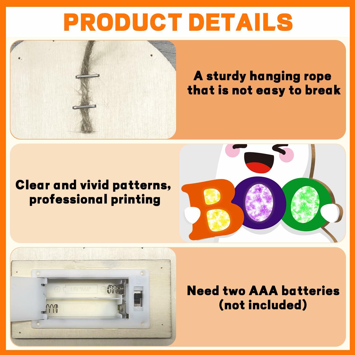 tineit BOO Halloween Ghost Door Decor Lighted Hanging Sign 12x13 White