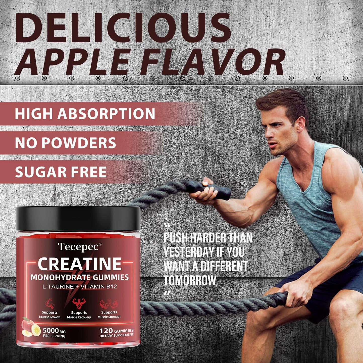 BestBy06/27 Tecepec Creatine Monohydrate Gummies 5000mg 120ct Apple B12 Taurine