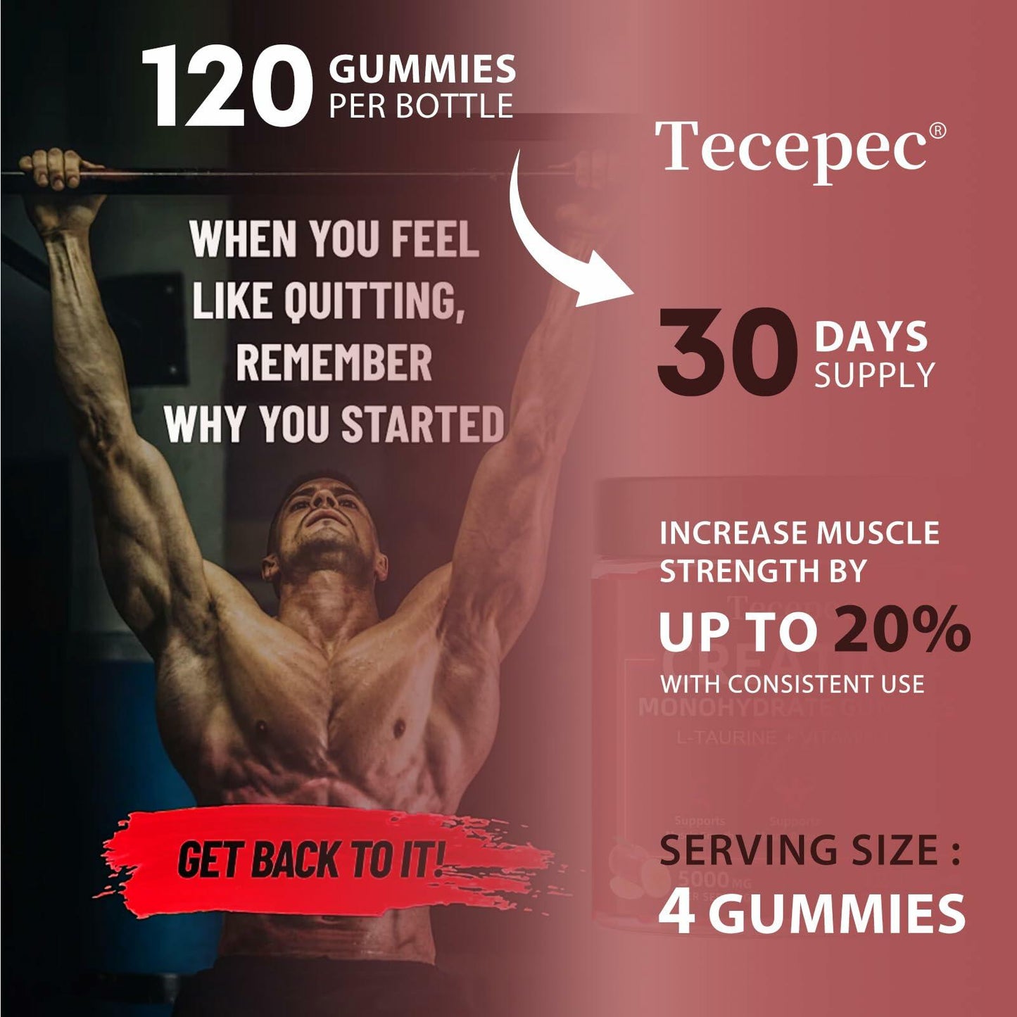 BestBy06/27 Tecepec Creatine Monohydrate Gummies 5000mg 120ct Apple B12 Taurine