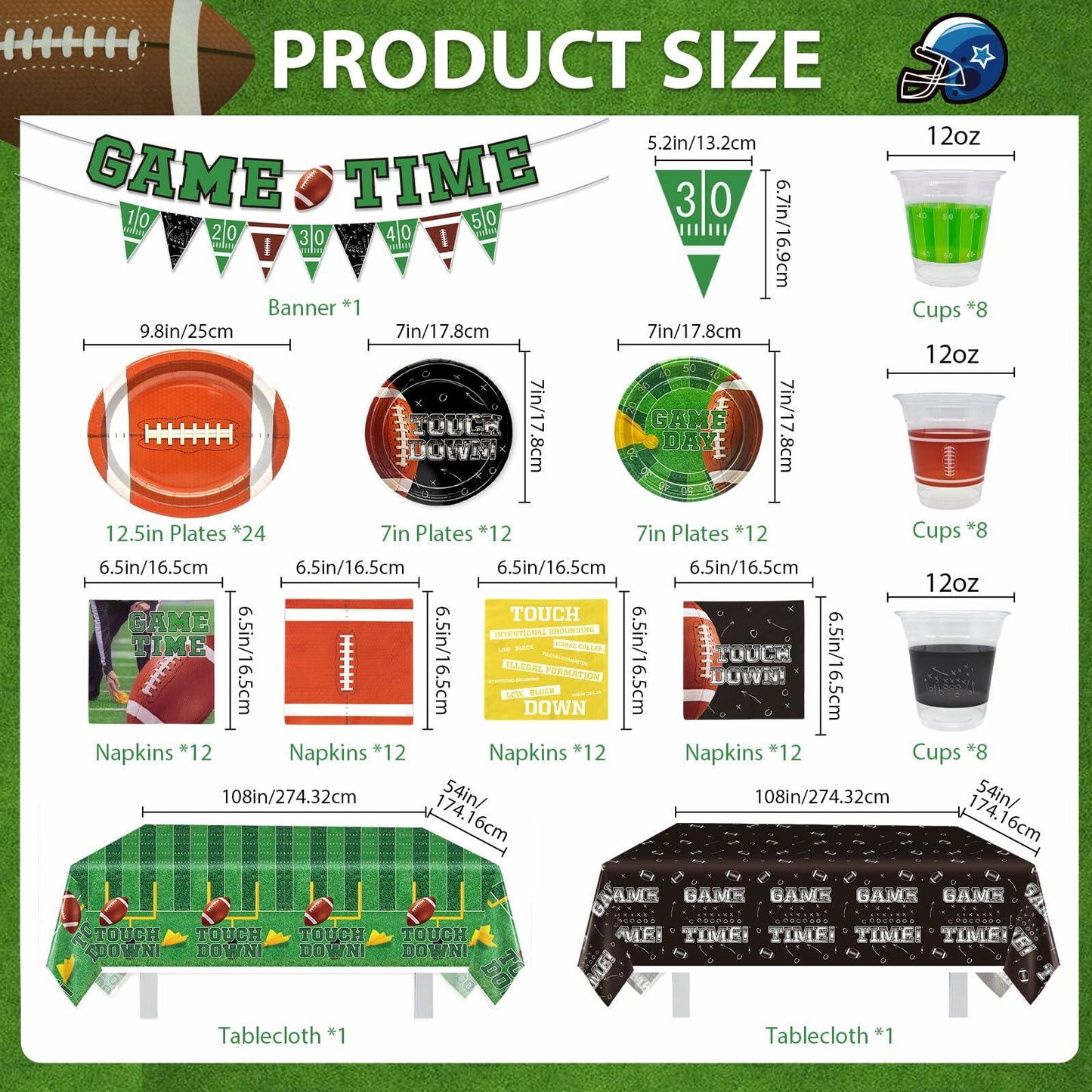 Yavxzvbw Football Party Plates Tablecloth Decor Supplies Green Birthday