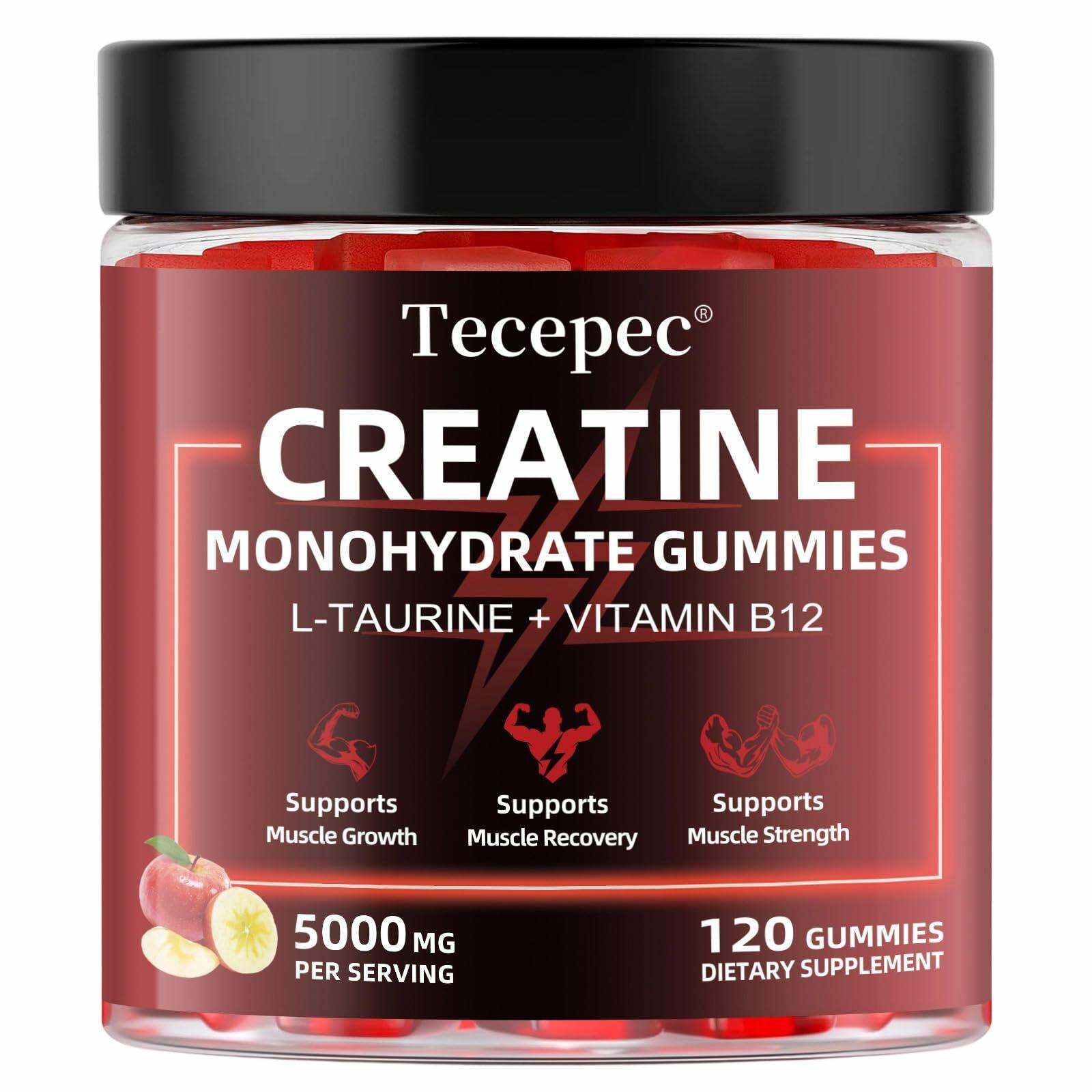 BestBy06/27 Tecepec Creatine Monohydrate Gummies 5000mg 120ct Apple B12 Taurine