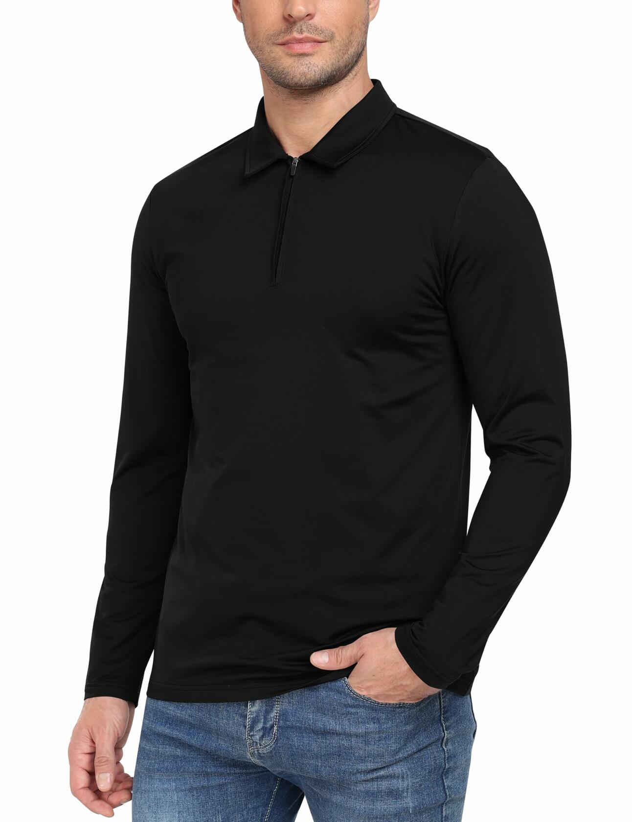 MoFiz Men's Long Sleeve Polo Shirt Quarter Zipper Quick Dry Black Size S