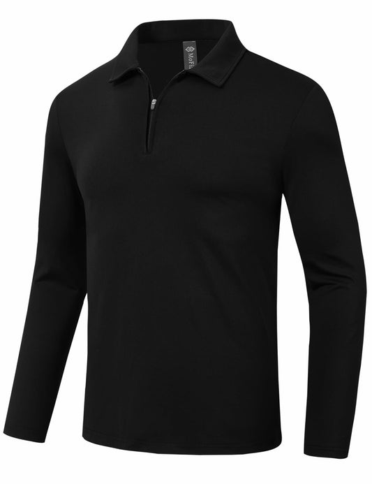 MoFiz Men's Long Sleeve Polo Shirt Quarter Zipper Quick Dry Black Size S