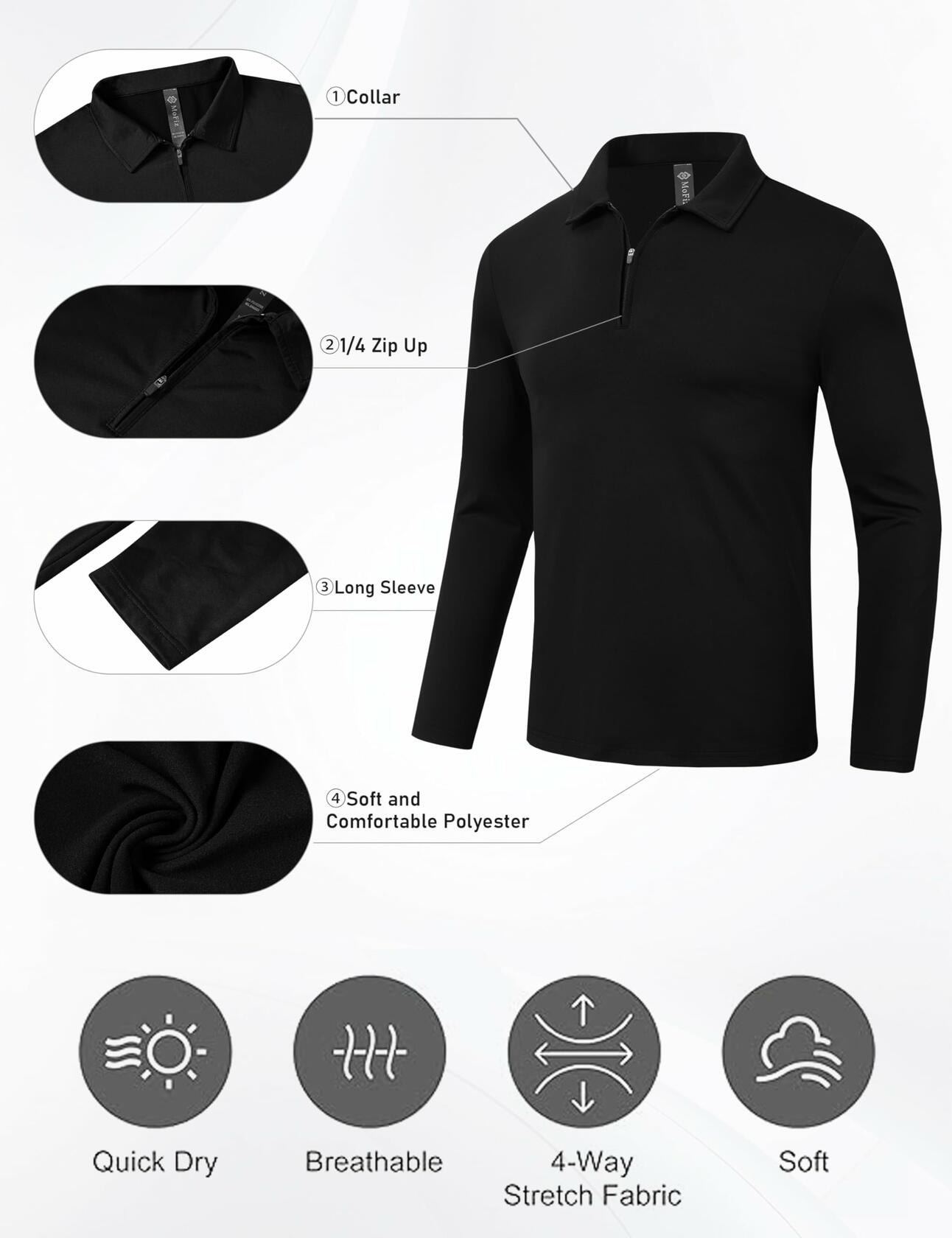 MoFiz Men's Long Sleeve Polo Shirt Quarter Zipper Quick Dry Black Size S