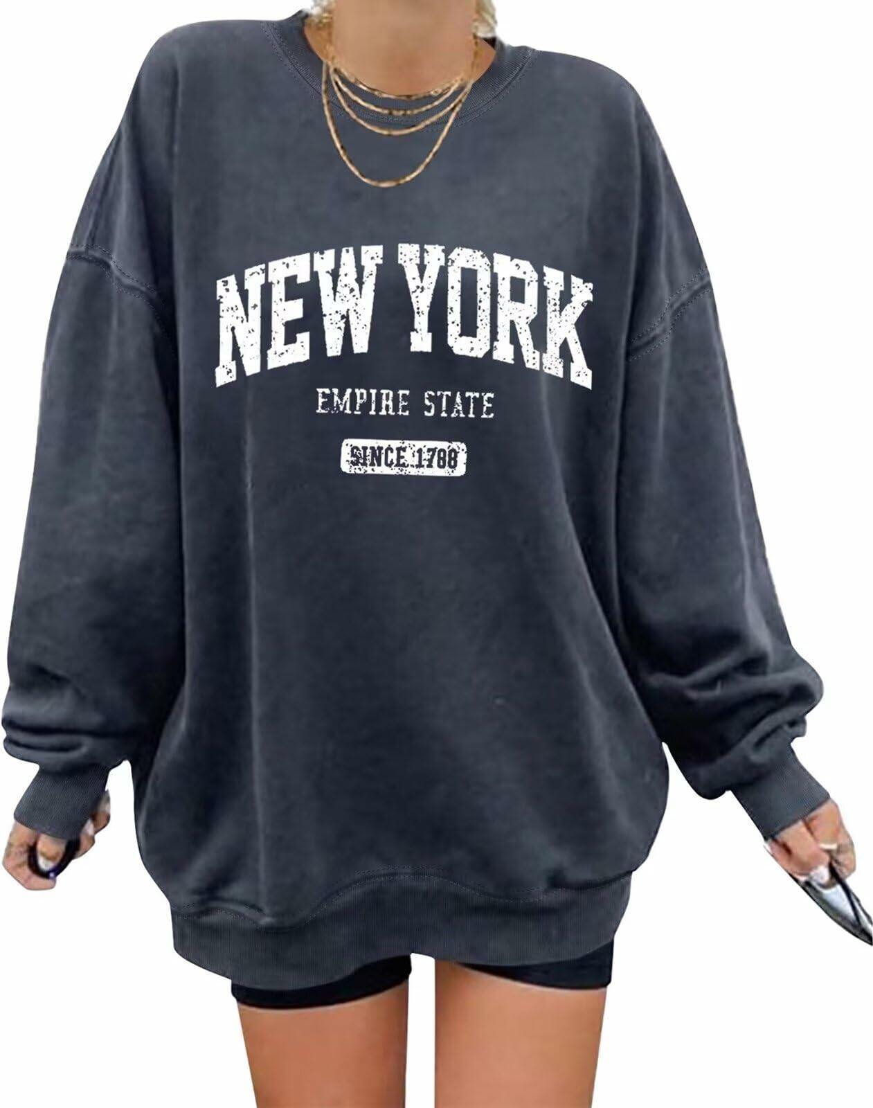 ORANDESIGNE Oversized Graphic Sweatshirt Women Long Sleeve New York Blue Size XS