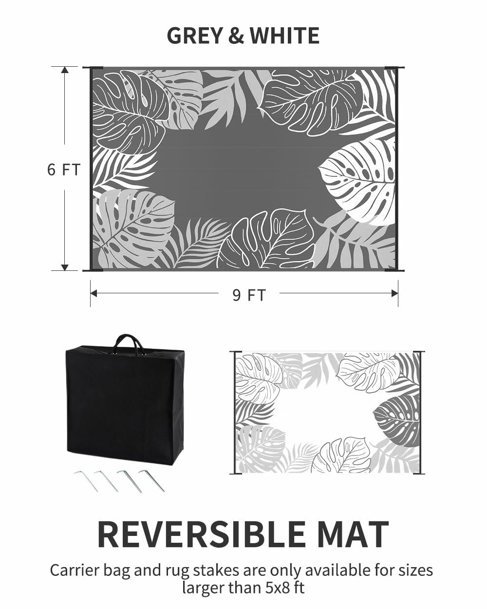 COCOER Tropical Outdoor Rug 6x9 LED Reversible Waterproof Patio Rug Greywhite