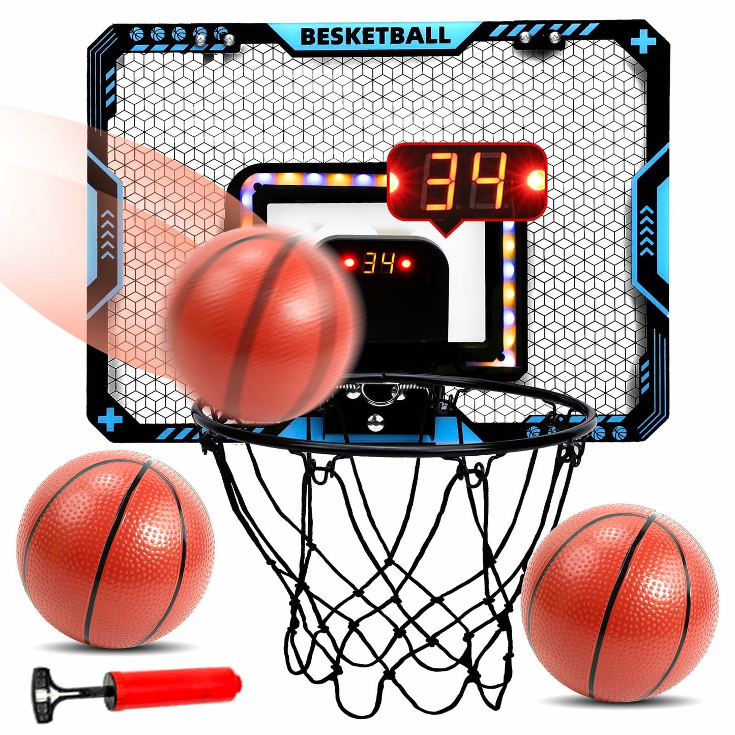 COUOMOXA Kids Basketball Hoop Set with LED Scoreboard Indoor Wall Mount Black