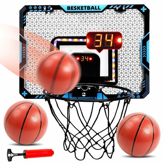 COUOMOXA Kids Basketball Hoop Set with LED Scoreboard Indoor Wall Mount Black