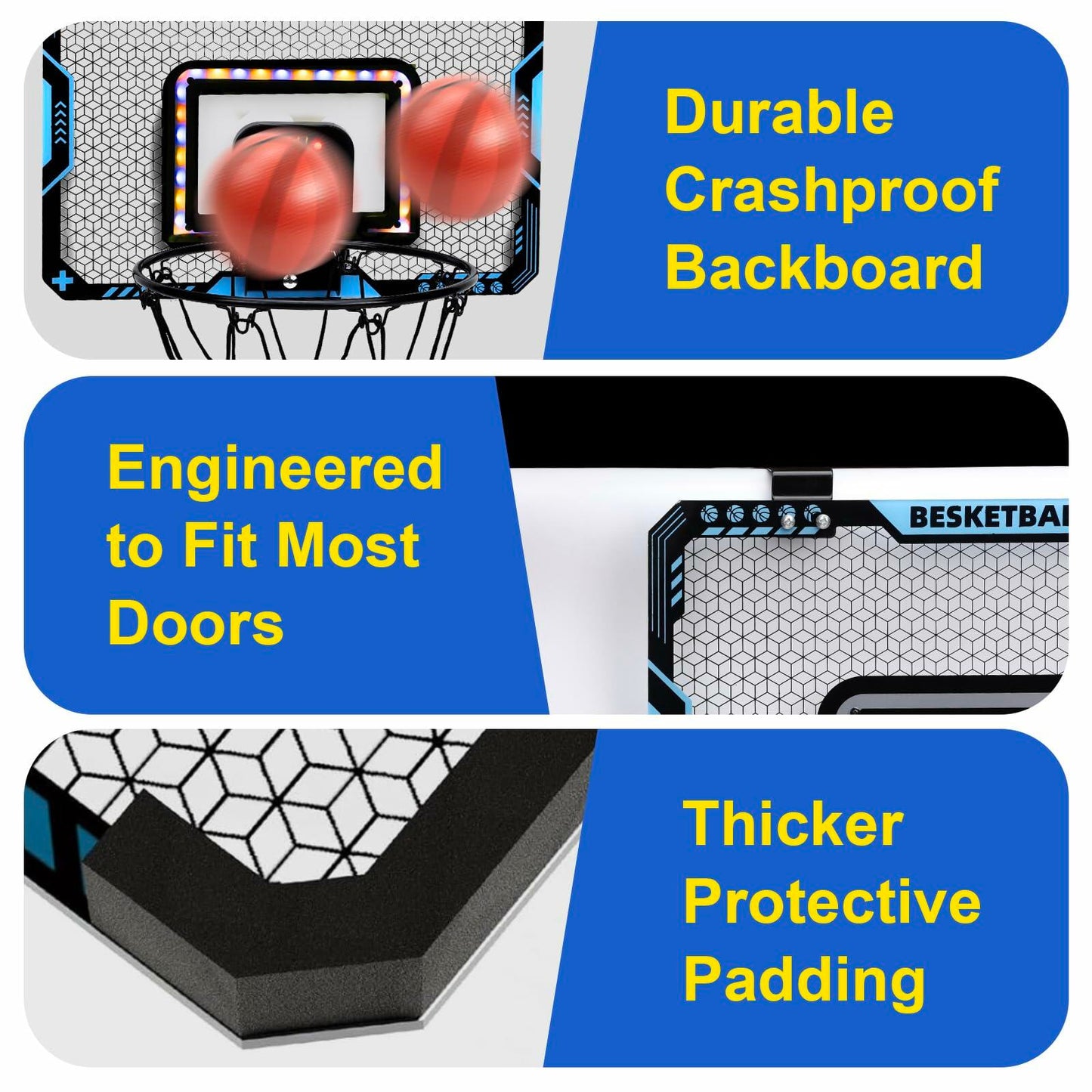 COUOMOXA Kids Basketball Hoop Set with LED Scoreboard Indoor Wall Mount Black