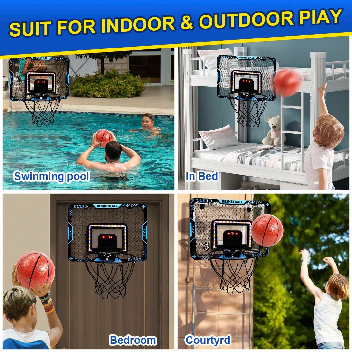 COUOMOXA Kids Basketball Hoop Set with LED Scoreboard Indoor Wall Mount Black