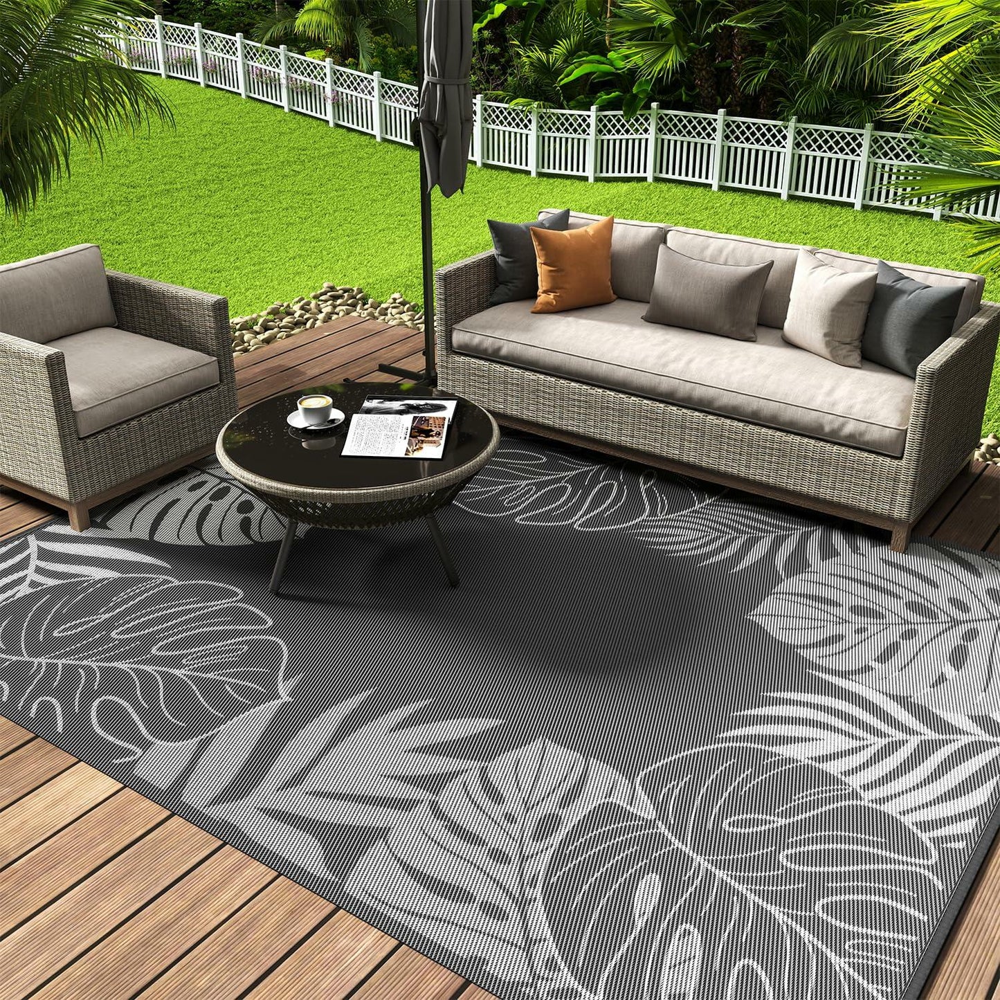 COCOER Tropical Outdoor Rug 6x9 LED Reversible Waterproof Patio Rug Greywhite