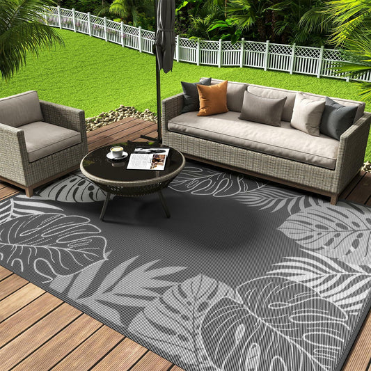 COCOER Tropical Outdoor Rug 6x9 LED Reversible Waterproof Patio Rug Greywhite