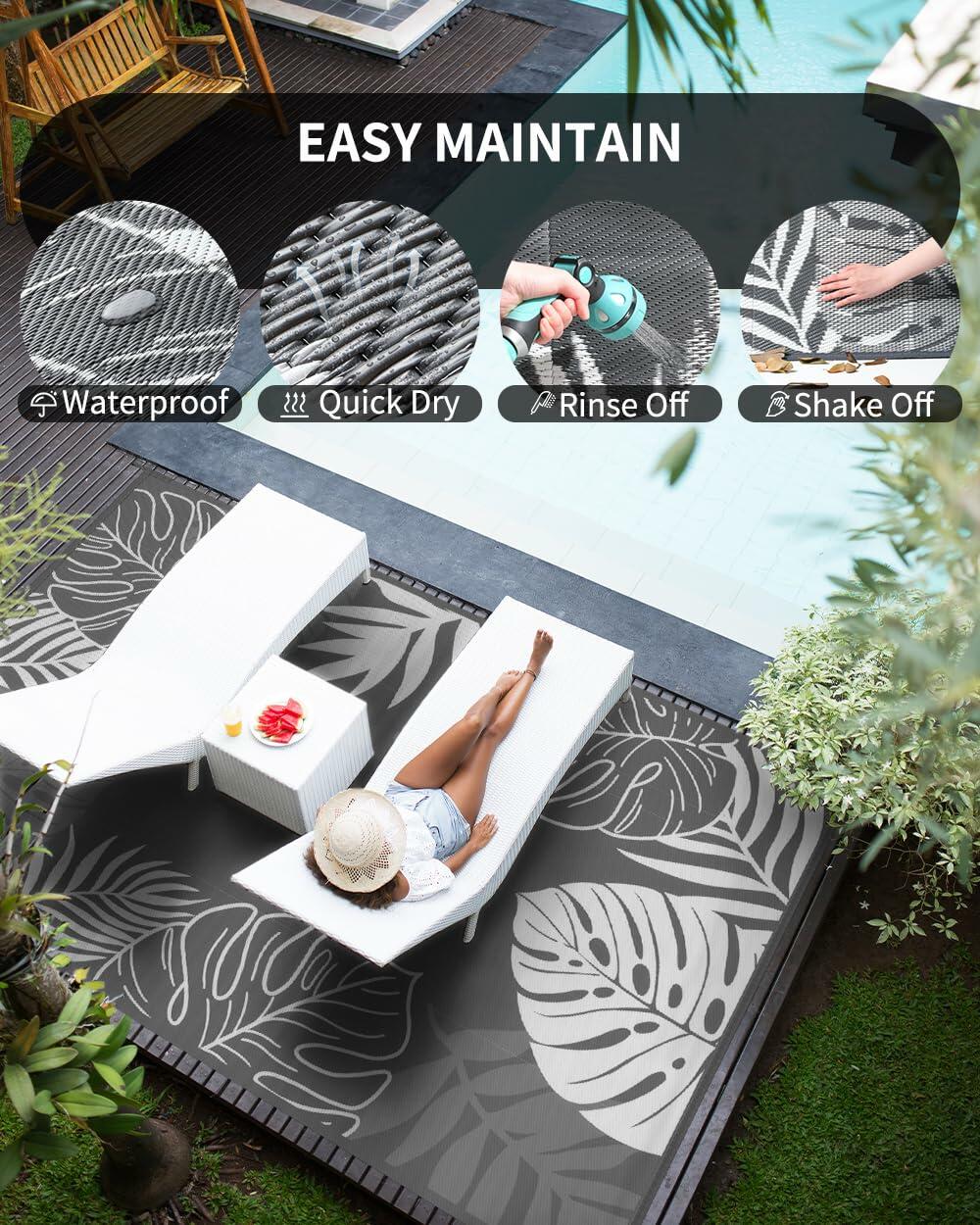 COCOER Tropical Outdoor Rug 6x9 LED Reversible Waterproof Patio Rug Greywhite