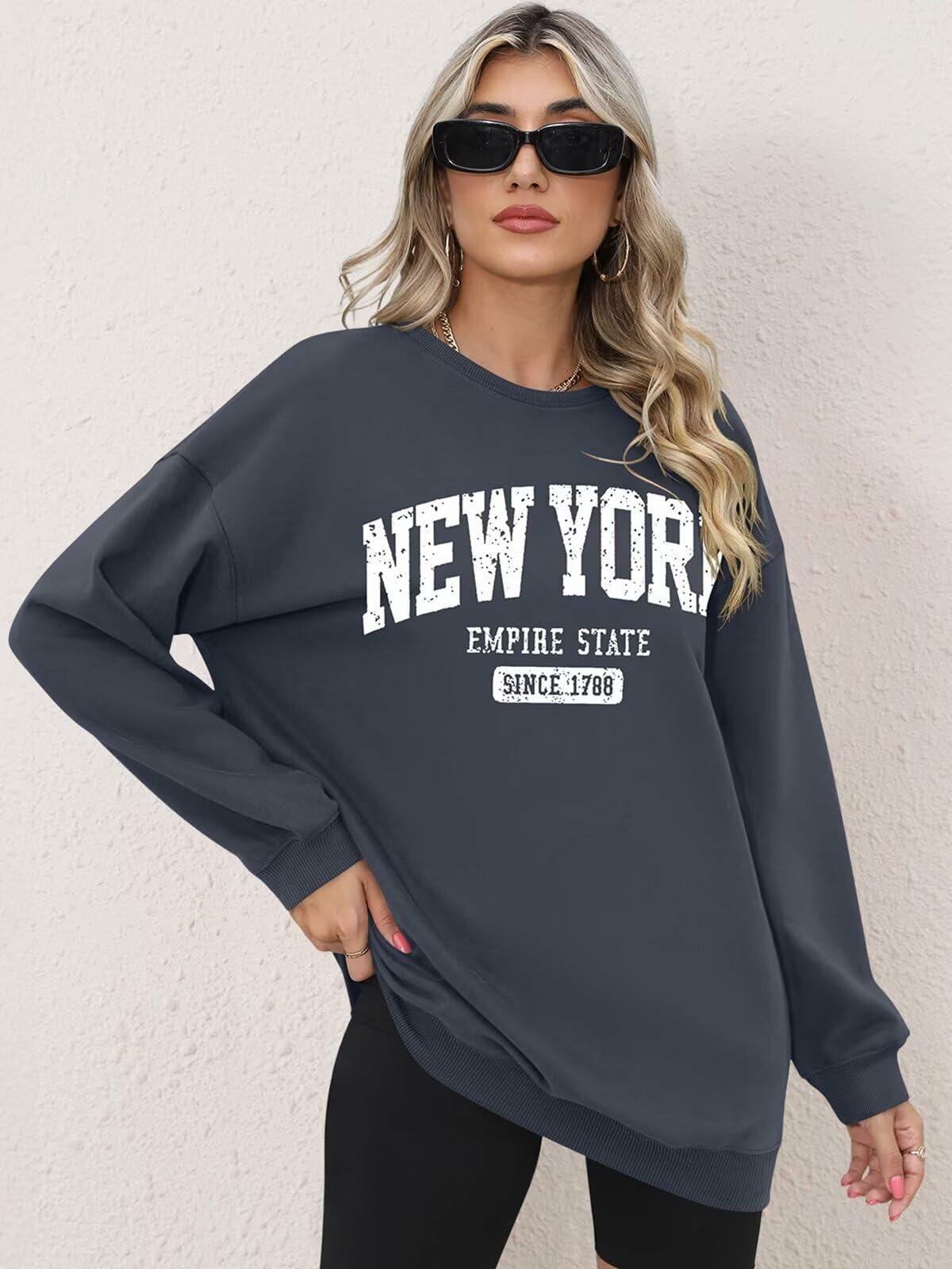 ORANDESIGNE Oversized Graphic Sweatshirt Women Long Sleeve New York Blue Size XS
